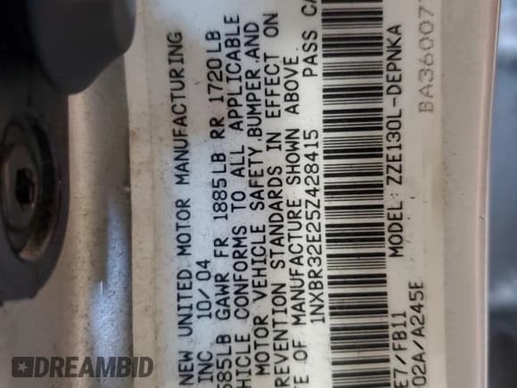 ✅ 2005 Toyota Corolla S • VIN: 1NXBR32E25Z428415 • Lot: 91819405. Listed on Copart with 107,009 mi. Free auction sales archive from the USA and detailed vehicle history report at DreamBid. Image 12.