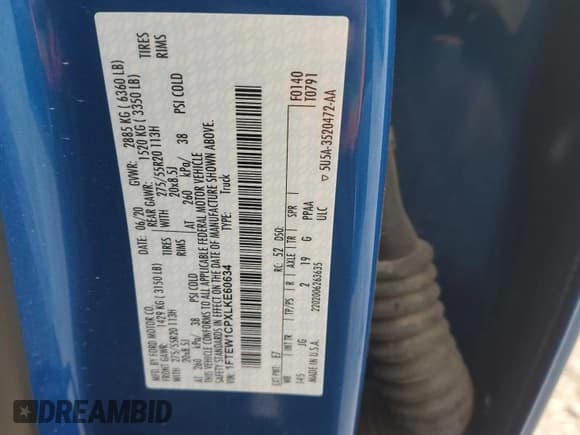 ✅ 2020 Ford F-150 XL • VIN: 1FTEW1CPXLKE60634 • Lot: 85424645. Listed on Copart with 106,904 mi. Free auction sales archive from the USA and detailed vehicle history report at DreamBid. Image 12.