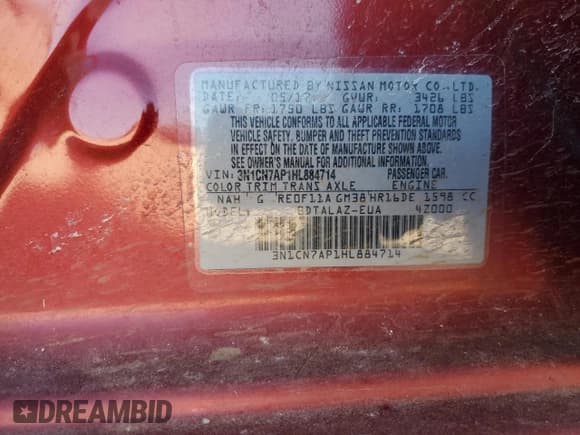 ✅ 2017 Nissan Versa S Plus • VIN: 3N1CN7AP1HL884714 • Lot: 42396625. Listed on Copart with 79,474 mi. Free auction sales archive from the USA and detailed vehicle history report at DreamBid. Image 14.