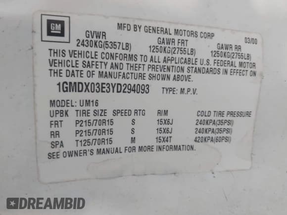 ✅ 2000 Pontiac Montana • VIN: 1GMDX03E3YD294093 • Лот: 42234907. Опубликован ранее на IAAI с пробегом 137 860 миль. Бесплатный доступ к архиву аукционных продаж из США и подробный отчёт об истории автомобиля на DreamBid. Изображение 9.
