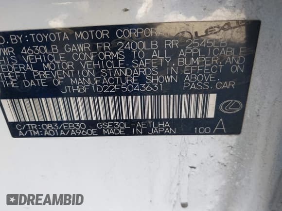 ✅ 2015 Lexus IS 250 • VIN: JTHBF1D22F5043631 • Lot: 41787713. Wystawiony na IAAI z przebiegiem 128 049 mil. Bezpłatny archiwum sprzedaży aukcyjnych z USA i szczegółowy raport historii pojazdu na DreamBid. Zdjęcie 9.