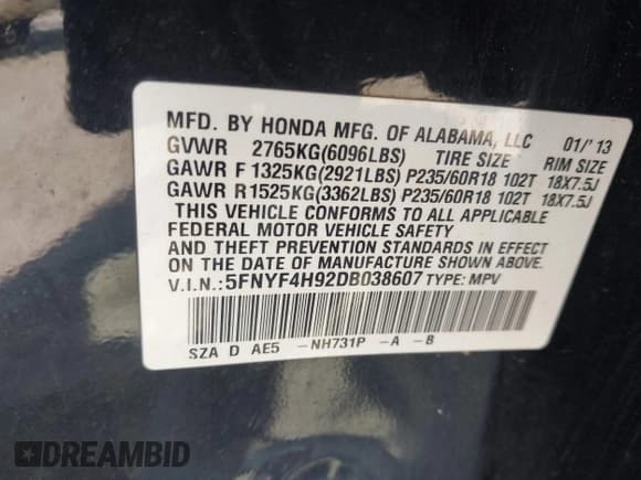 ✅ 2013 Honda Pilot Touring • VIN: 5FNYF4H92DB038607 • Lot: 43226122. Listed on IAAI with 201,920 mi. Free auction sales archive from the USA and detailed vehicle history report at DreamBid. Image 9.