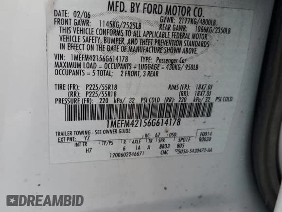 ✅ 2006 Mercury Montego Premier • VIN: 1MEFM42156G614178 • Лот: 87672915. Опубликован ранее на Copart с пробегом Не указан. Бесплатный доступ к архиву аукционных продаж из США и подробный отчёт об истории автомобиля на DreamBid. Изображение 12.