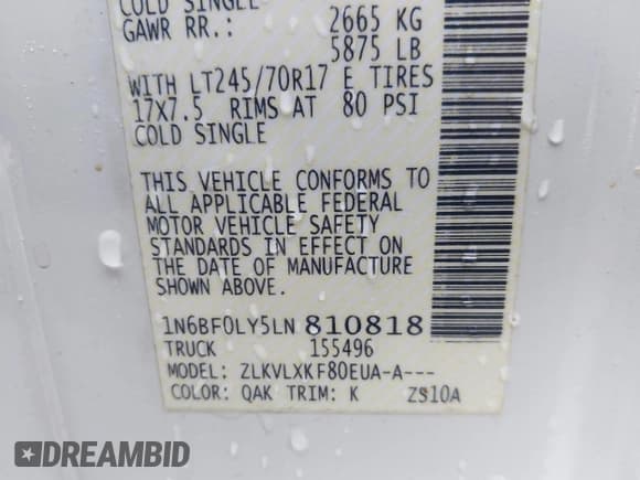 ✅ 2020 Nissan NV Cargo SV • VIN: 1N6BF0LY5LN810818 • Lot: 42051143. Wystawiony na IAAI z przebiegiem 86 560 mil. Bezpłatny archiwum sprzedaży aukcyjnych z USA i szczegółowy raport historii pojazdu na DreamBid. Zdjęcie 4.