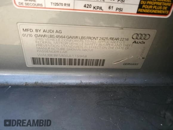 ✅ 2010 Audi A3 Premium • VIN: WAUBEBFM0AA115948 • Lot: 63520345. Listed on Copart with 87,804 mi. Free auction sales archive from the USA and detailed vehicle history report at DreamBid. Image 13.
