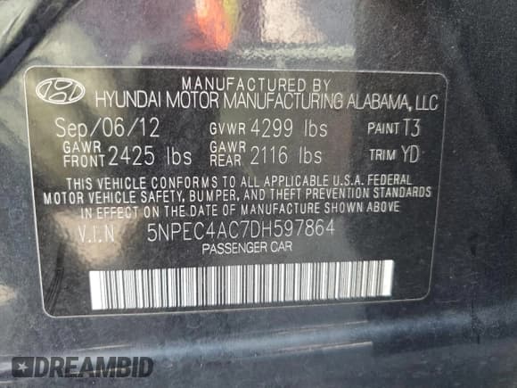 ✅ 2013 Hyundai Sonata SE • VIN: 5NPEC4AC7DH597864 • Lot: 71819084. Listed on Copart with 148,865 mi. Free auction sales archive from the USA and detailed vehicle history report at DreamBid. Image 13.