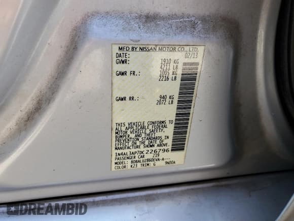 ✅ 2013 Nissan Altima SV • VIN: 1N4AL3AP7DC226796 • Lot: 84719895. Wystawiony na Copart z przebiegiem 172 192 mil. Bezpłatny archiwum sprzedaży aukcyjnych z USA i szczegółowy raport historii pojazdu na DreamBid. Zdjęcie 12.