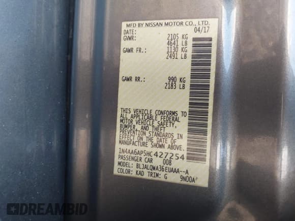 ✅ 2017 Nissan Maxima SL • VIN: 1N4AA6AP5HC427254 • Lot: 43343423. Listed on IAAI with 88,167 mi. Free auction sales archive from the USA and detailed vehicle history report at DreamBid. Image 9.