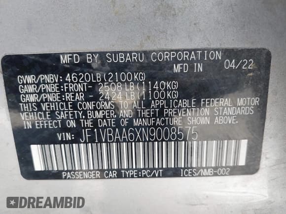 ✅ 2022 Subaru WRX • VIN: JF1VBAA6XN9008575 • Lot: 42599135. Listed on IAAI with 40,130 mi. Free auction sales archive from the USA and detailed vehicle history report at DreamBid. Image 9.