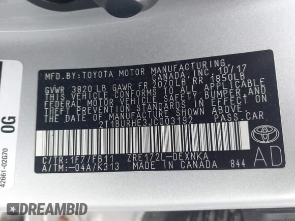 ✅ 2018 Toyota Corolla LE • VIN: 2T1BURHE3JC003192 • Lot: 43617701. Listed on IAAI with 47,013 mi. Free auction sales archive from the USA and detailed vehicle history report at DreamBid. Image 9.