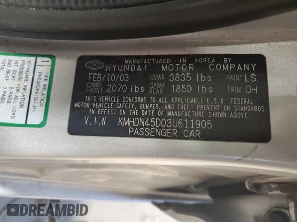 ✅ 2003 Hyundai Elantra GLS • VIN: KMHDN45D03U611905 • Lot: 53851725. Wystawiony na Copart z przebiegiem 114 680 mil. Bezpłatny archiwum sprzedaży aukcyjnych z USA i szczegółowy raport historii pojazdu na DreamBid. Zdjęcie 12.