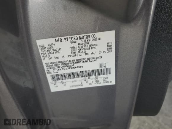 ✅ 2014 Ford F-150 XL • VIN: 1FTFX1CTXEKE61350 • Lot: 59221985. Wystawiony na Copart z przebiegiem 39 604 mil. Bezpłatny archiwum sprzedaży aukcyjnych z USA i szczegółowy raport historii pojazdu na DreamBid. Zdjęcie 12.