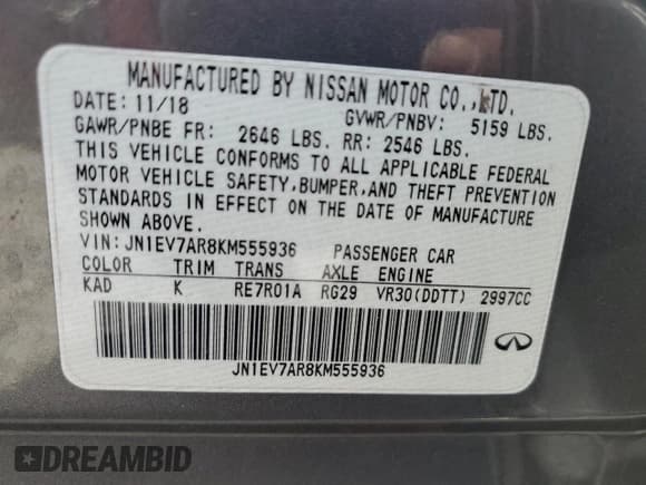 ✅ 2019 Infiniti Q50 Signature Edition • VIN: JN1EV7AR8KM555936 • Lot: 57298395. Listed on Copart with 92,352 mi. Free auction sales archive from the USA and detailed vehicle history report at DreamBid. Image 13.