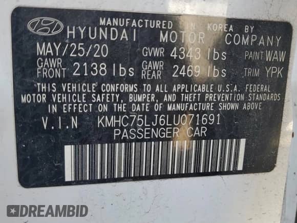 2020 Hyundai Ioniq SE с VIN KMHC75LJ6LU071691, выставлен на аукционе Copart как лот 47574215 с пробегом 42 275 миль миль и Списание • Salvage title. История ставок и продаж доступна на DreamBid. Изображение 12.