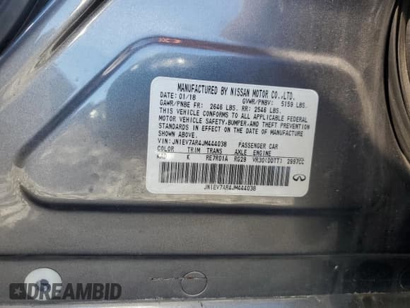 ✅ 2018 Infiniti Q50 Luxe • VIN: JN1EV7AR4JM444038 • Lot: 82494975. Listed on Copart with 106,399 mi. Free auction sales archive from the USA and detailed vehicle history report at DreamBid. Image 12.