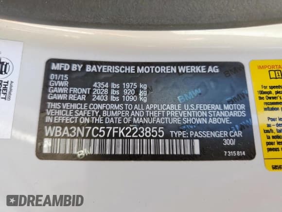 ✅ 2015 BMW 4 Series 428i • VIN: WBA3N7C57FK223855 • Lot: 69033715. Listed on Copart with 91,781 mi. Free auction sales archive from the USA and detailed vehicle history report at DreamBid. Image 12.