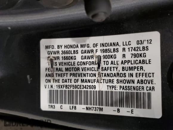 ✅ 2012 Honda Civic LX • VIN: 19XFB2F59CE342609 • Lot: 62232035. Wystawiony na Copart z przebiegiem 133 664 mil. Bezpłatny archiwum sprzedaży aukcyjnych z USA i szczegółowy raport historii pojazdu na DreamBid. Zdjęcie 12.