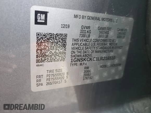 2020 Chevrolet Tahoe Premier with VIN 1GNSKCKC1LR216510, listed as a Copart auction lot 57627705 with 113,495 mi miles and Salvage title. Bid and sale history available at DreamBid. Image 14.