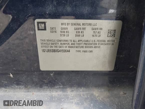 2016 Chevrolet Sonic LTZ с VIN 1G1JE6SBXG4159644, выставлен на аукционе IAAI как лот 42424642 с пробегом 121 249 миль миль и . История ставок и продаж доступна на DreamBid. Изображение 9.