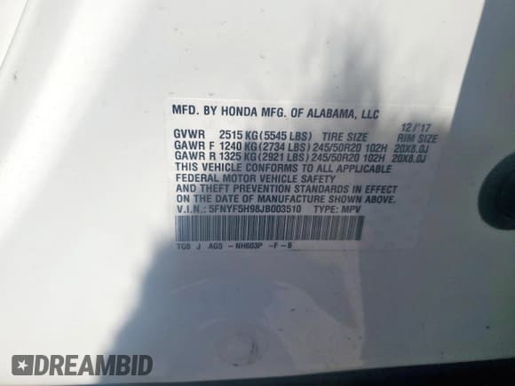 ✅ 2018 Honda Pilot Touring • VIN: 5FNYF5H98JB003510 • Lot: 84919825. Wystawiony na Copart z przebiegiem 89 300 mil. Bezpłatny archiwum sprzedaży aukcyjnych z USA i szczegółowy raport historii pojazdu na DreamBid. Zdjęcie 14.