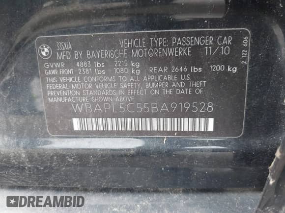 2011 BMW 3 Series 335i xDrive with VIN WBAPL5C55BA919528, listed as a IAAI auction lot 42616864 with 59,995 mi miles and . Bid and sale history available at DreamBid. Image 9.
