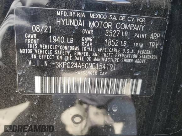 2022 Hyundai Accent SEL с VIN 3KPC24A60NE154191, выставлен на аукционе Copart как лот 54606764 с пробегом 28 105 миль миль и Списание • Salvage title. История ставок и продаж доступна на DreamBid. Изображение 14.