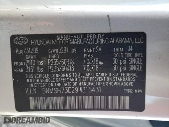 2009 Hyundai Santa Fe Limited с VIN 5NMSH73E29H315431, выставлен на аукционе Copart как лот 72834644 с пробегом 145 933 миль миль и Списание • Salvage title. История ставок и продаж доступна на DreamBid. Изображение 12.