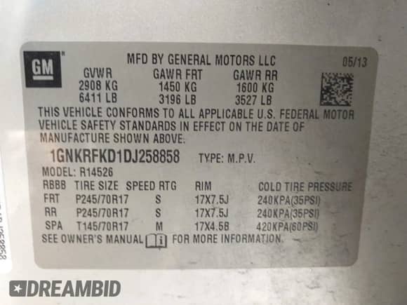 2013 Chevrolet Traverse LS with VIN 1GNKRFKD1DJ258858, listed as a IAAI auction lot 43239152 with 232,824 mi miles and . Bid and sale history available at DreamBid. Image 9.