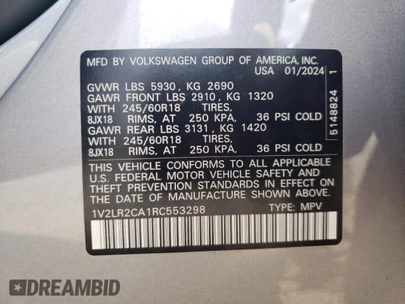 ✅ 2024 Volkswagen Atlas SE • VIN: 1V2LR2CA1RC553298 • Лот: 59110055. Опубликован ранее на Copart с пробегом 18 845 миль. Бесплатный доступ к архиву аукционных продаж из США и подробный отчёт об истории автомобиля на DreamBid. Изображение 13.