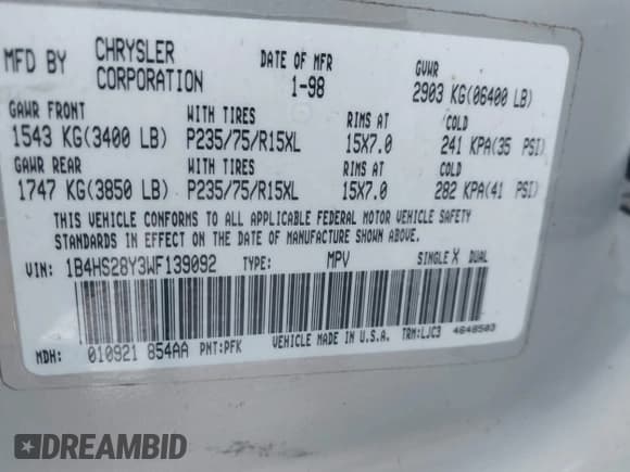 ✅ 1998 Dodge Durango • VIN: 1B4HS28Y3WF139092 • Lot: 43864323. Listed on IAAI with 215,864 mi. Free auction sales archive from the USA and detailed vehicle history report at DreamBid. Image 9.