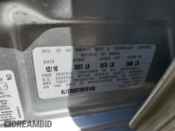 ✅ 2011 Chevrolet Aveo 1LT • VIN: KL1TD5DE7BB181438 • Lot: 54189605. Wystawiony na Copart z przebiegiem 201 215 mil. Bezpłatny archiwum sprzedaży aukcyjnych z USA i szczegółowy raport historii pojazdu na DreamBid. Zdjęcie 12.