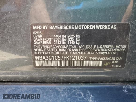 ✅ 2015 BMW 3 Series 328i • VIN: WBA3C1C57FK121037 • Lot: 50973715. Listed on Copart with Not provided. Free auction sales archive from the USA and detailed vehicle history report at DreamBid. Image 12.