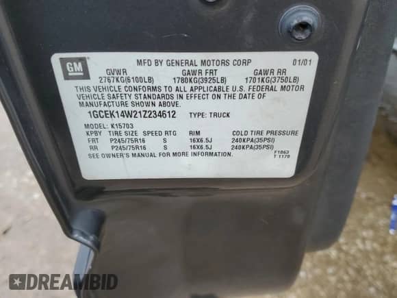 2001 Chevrolet Silverado 1500 с VIN 1GCEK14W21Z234612, выставлен на аукционе Copart как лот 56134455 с пробегом 210 527 миль миль и Списание • Salvage title. История ставок и продаж доступна на DreamBid. Изображение 12.