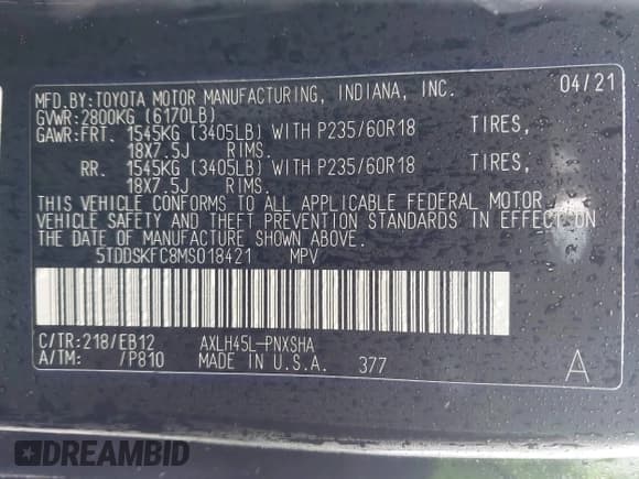 ✅ 2021 Toyota Sienna XSE • VIN: 5TDDSKFC8MS018421 • Lot: 43573769. Listed on IAAI with 63,897 mi. Free auction sales archive from the USA and detailed vehicle history report at DreamBid. Image 9.