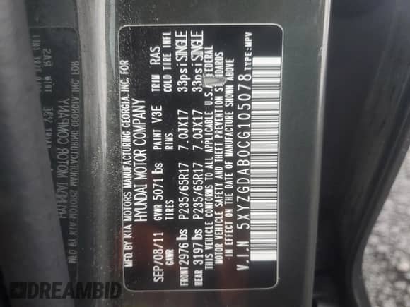 ✅ 2012 Hyundai Santa Fe GLS • VIN: 5XYZGDAB0CG105078 • Лот: 90475405. Размещён на Copart с пробегом 101 439 миль миль. Получите бесплатный доступ к архиву аукционных продаж из США и посмотрите подробный отчёт об истории автомобиля на DreamBid. Изображение 13.