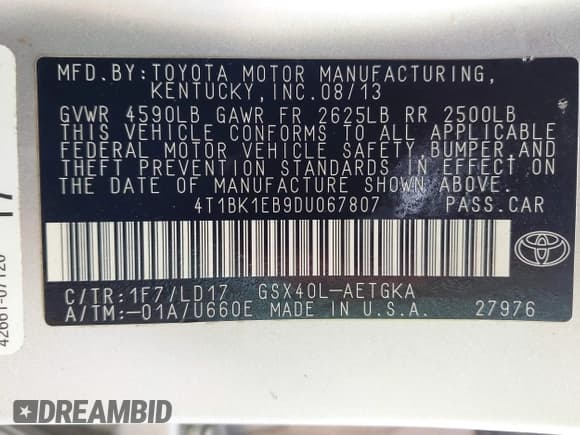 ✅ 2013 Toyota Avalon XLE • VIN: 4T1BK1EB9DU067807 • Lot: 42596126. Listed on IAAI with 107,457 mi. Free auction sales archive from the USA and detailed vehicle history report at DreamBid. Image 9.