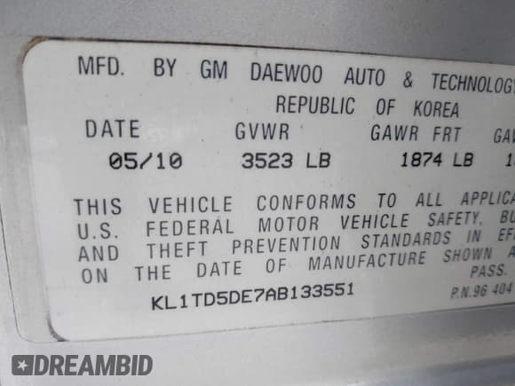 ✅ 2010 Chevrolet Aveo 1LT • VIN: KL1TD5DE7AB133551 • Lot: 42499135. Wystawiony na IAAI z przebiegiem 46 294 mil. Bezpłatny archiwum sprzedaży aukcyjnych z USA i szczegółowy raport historii pojazdu na DreamBid. Zdjęcie 9.