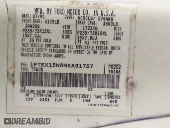 ✅ 1991 Ford F-150 • VIN: 1FTEX15N8MKA01757 • Lot: 43812096. Wystawiony na IAAI z przebiegiem 25 808 mil. Bezpłatny archiwum sprzedaży aukcyjnych z USA i szczegółowy raport historii pojazdu na DreamBid. Zdjęcie 9.