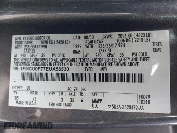 ✅ 2014 Ford Escape S • VIN: 1FMCU0F77EUA58530 • Лот: 43772301. Опубликован ранее на IAAI с пробегом 78 992 миль. Бесплатный доступ к архиву аукционных продаж из США и подробный отчёт об истории автомобиля на DreamBid. Изображение 9.