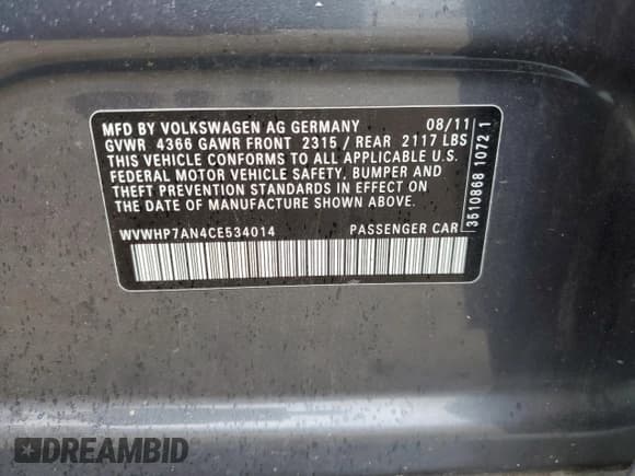 ✅ 2012 Volkswagen CC Lux • VIN: WVWHP7AN4CE534014 • Lot: 68882035. Wystawiony na Copart z przebiegiem 177 219 mil. Bezpłatny archiwum sprzedaży aukcyjnych z USA i szczegółowy raport historii pojazdu na DreamBid. Zdjęcie 12.