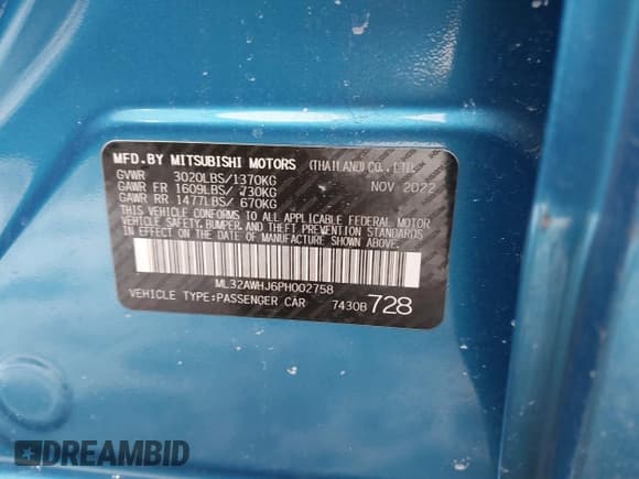 ✅ 2023 Mitsubishi Mirage Black Edition • VIN: ML32AWHJ6PH002758 • Lot: 41499694. Wystawiony na IAAI z przebiegiem 47 331 mil. Bezpłatny archiwum sprzedaży aukcyjnych z USA i szczegółowy raport historii pojazdu na DreamBid. Zdjęcie 9.