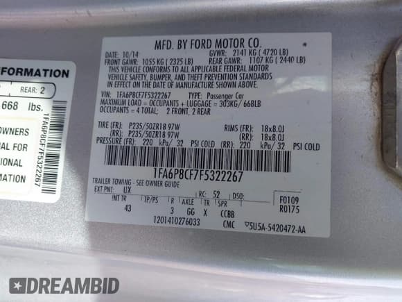 ✅ 2015 Ford Mustang GT • VIN: 1FA6P8CF7F5322267 • Lot: 43378811. Listed on IAAI with 158,714 mi. Free auction sales archive from the USA and detailed vehicle history report at DreamBid. Image 9.