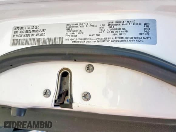 ✅ 2021 Ram 2500 Big Horn • VIN: 3C6UR5DL4MG653237 • Lot: 72035225. Listed on Copart with 110,568 mi. Free auction sales archive from the USA and detailed vehicle history report at DreamBid. Image 12.