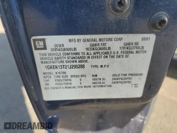 ✅ 2001 GMC Yukon SLT • VIN: 1GKEK13T21J295288 • Lot: 69704615. Listed on Copart with 223,792 mi. Free auction sales archive from the USA and detailed vehicle history report at DreamBid. Image 13.