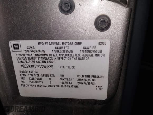 ✅ 2000 Chevrolet Silverado 1500 • VIN: 1GCEK19T7YZ269820 • Лот: 43792519. Опубликован ранее на IAAI с пробегом 167 646 миль. Бесплатный доступ к архиву аукционных продаж из США и подробный отчёт об истории автомобиля на DreamBid. Изображение 9.