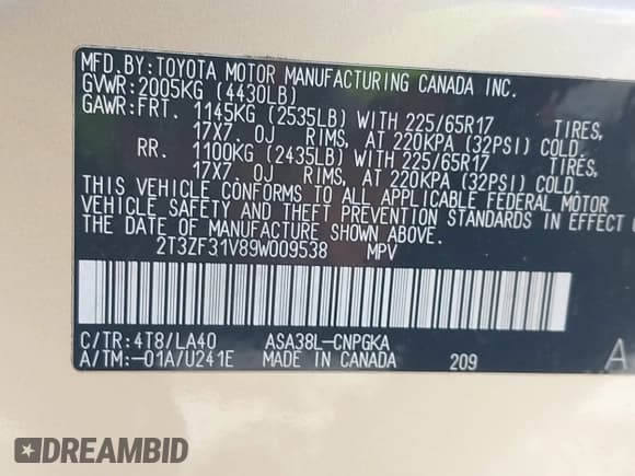 ✅ 2009 Toyota RAV4 • VIN: 2T3ZF31V89W009538 • Lot: 41618796. Wystawiony na IAAI z przebiegiem 103 258 mil. Bezpłatny archiwum sprzedaży aukcyjnych z USA i szczegółowy raport historii pojazdu na DreamBid. Zdjęcie 9.