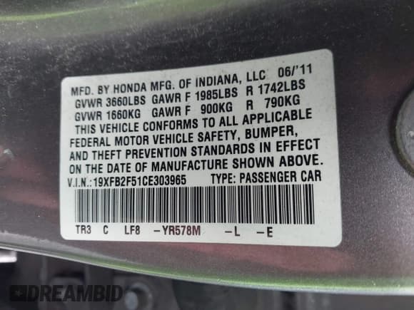 ✅ 2012 Honda Civic LX • VIN: 19XFB2F51CE303965 • Lot: 43726829. Listed on IAAI with 142,153 mi. Free auction sales archive from the USA and detailed vehicle history report at DreamBid. Image 9.