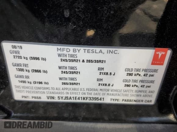 ✅ 2019 Tesla Model S 100D • VIN: 5YJSA1E41KF339541 • Lot: 70713924. Listed on Copart with Not provided. Free auction sales archive from the USA and detailed vehicle history report at DreamBid. Image 14.