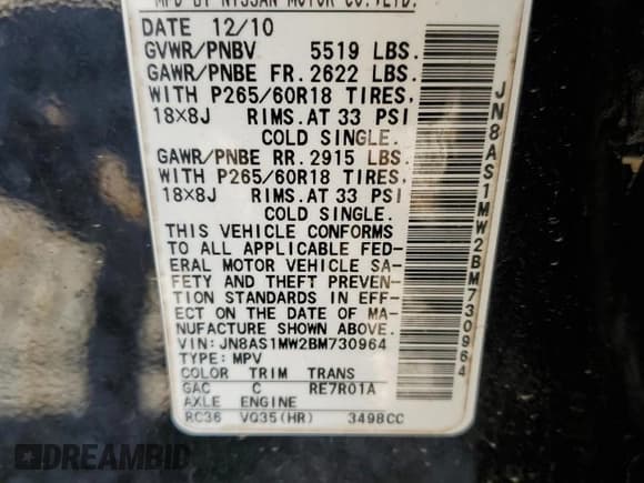 ✅ 2011 Infiniti FX • VIN: JN8AS1MW2BM730964 • Lot: 80917315. Listed on Copart with 132,531 mi. Free auction sales archive from the USA and detailed vehicle history report at DreamBid. Image 12.