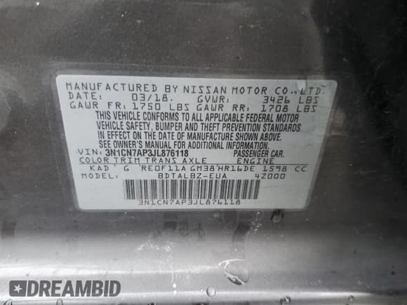 ✅ 2018 Nissan Versa SV • VIN: 3N1CN7AP3JL876118 • Lot: 56657025. Wystawiony na Copart z przebiegiem 133 158 mil. Bezpłatny archiwum sprzedaży aukcyjnych z USA i szczegółowy raport historii pojazdu na DreamBid. Zdjęcie 12.